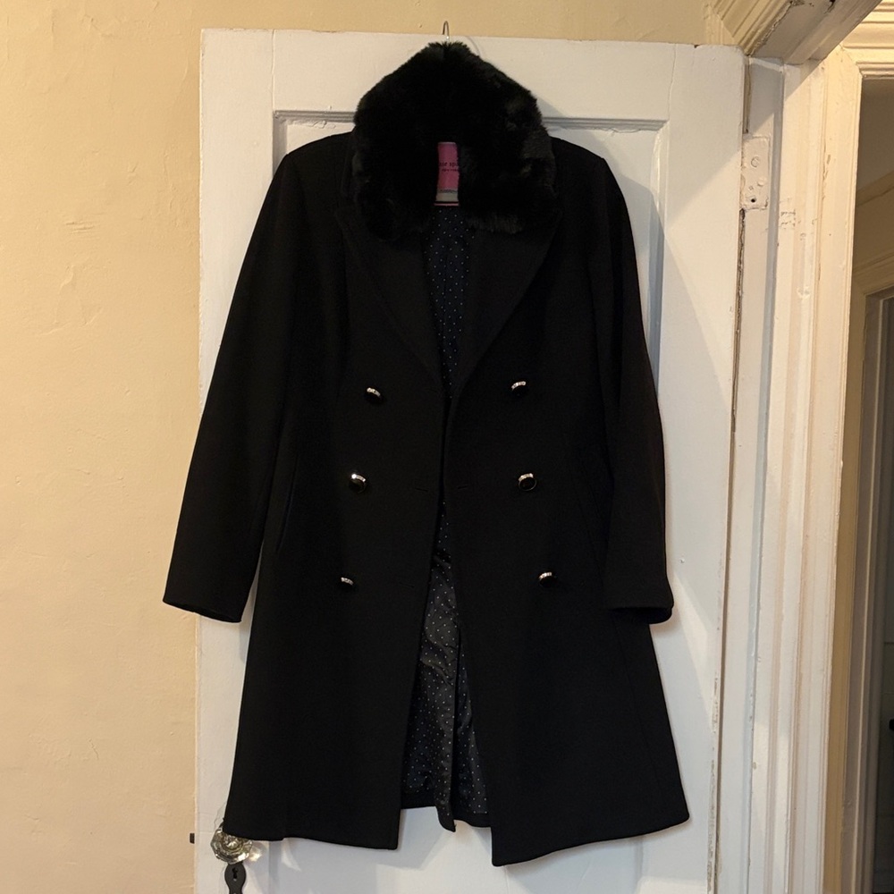 kate spade Black Wool Blend Coat w Faux Fur Collar Sz M